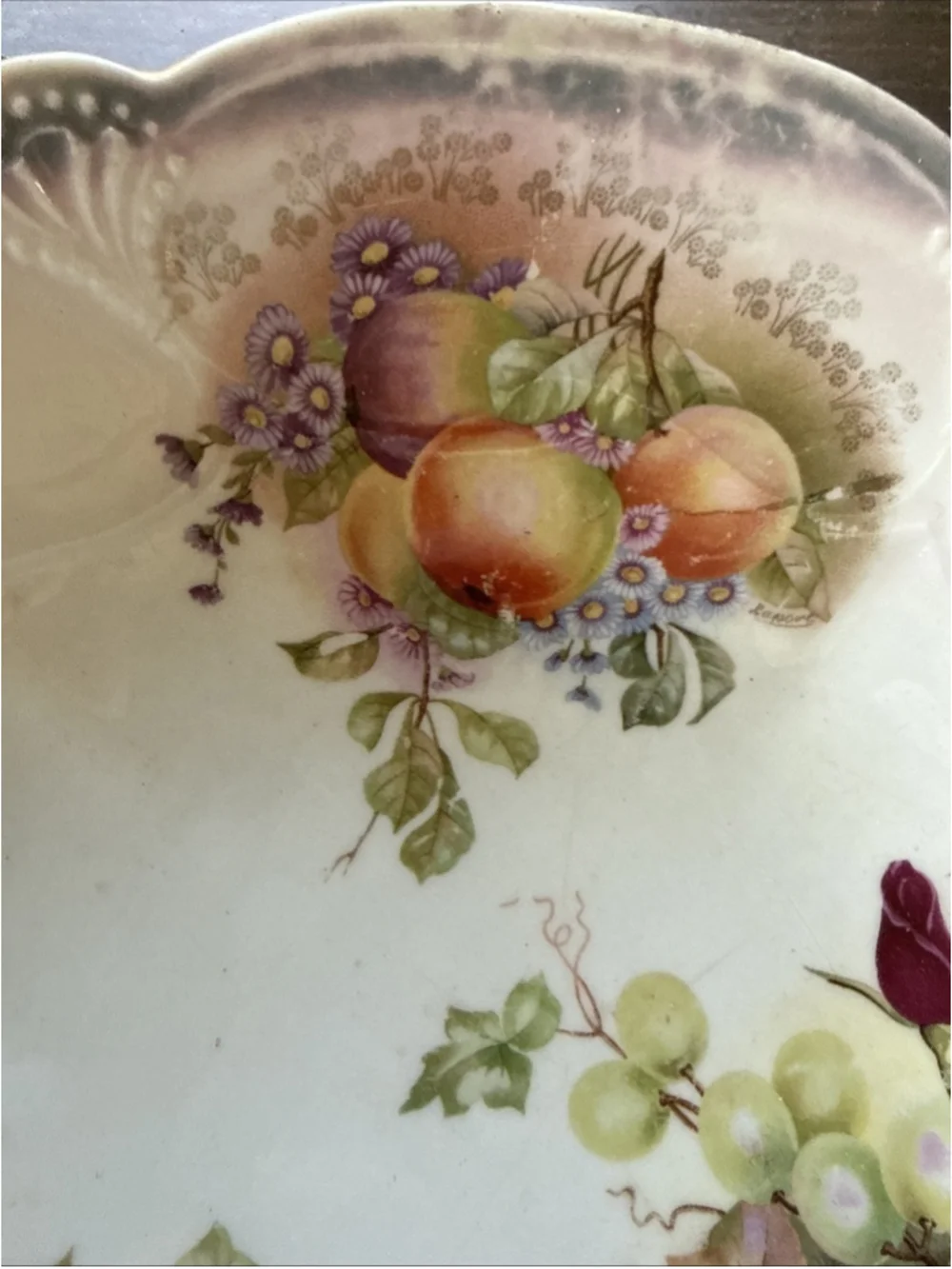 Antique German Purple Lustreware Serving Bowl with Roses